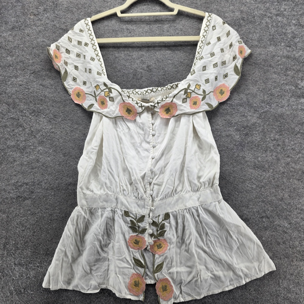 Gimmicks Tunic Top Womens Small Embroidered Peplum Floral Boho Button Rayon